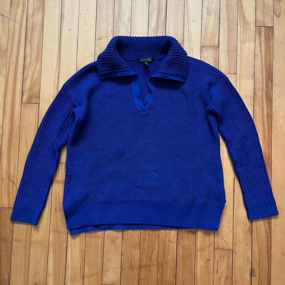 Lauren Ralph Lauren Blue Knit Pullover Sweater Collared V Neck Size Medium